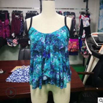 廠家泳衣新品 2018伸縮吊帶圓領露背孔雀花小胸聚攏連體裙式泳裝