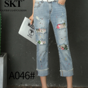 原創實拍韓版重手工2018春季女裝女裝褲子穿鉆破洞貼布牛仔褲