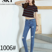 原創設計2017新款百搭破洞牛仔長褲高腰高彈力小腳鉛筆褲女