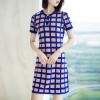 鳳舞絲路 摩登時尚格紋針織短袖夏季連衣裙 彈力修身優雅連衣裙