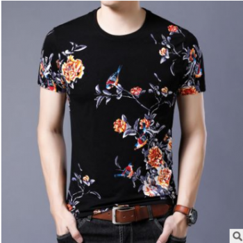 夏裝短袖印花T恤男圓領半袖純棉上衣青年個性t恤衫花鳥圖案潮男士