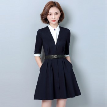 1795秋季韓版女裝襯衣假兩件修身顯瘦立領純色連衣裙