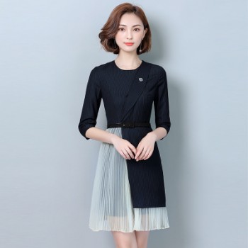 2017秋裝新款時尚氣質OL通勤拼接條紋端莊優雅連衣裙美容師工作服