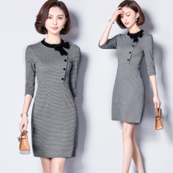 春裝新款OL通勤氣質收腰顯瘦中長款七分袖千鳥格a型連衣裙女