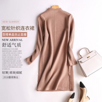 B12-001新款半高領(lǐng)氣質(zhì)開叉羊毛長袖針織連衣裙女裙子打底女毛衣