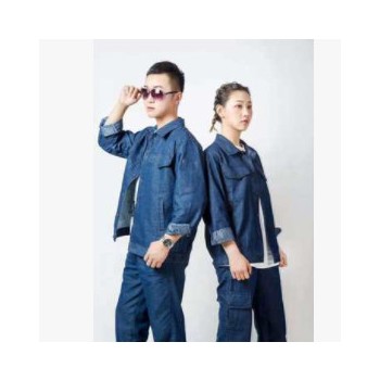 廠家生產牛仔工作服套裝 男女長袖牛仔勞保服 春秋款牛仔套裝