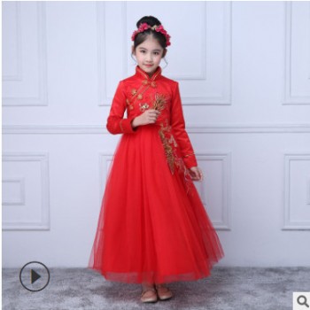 中國(guó)風(fēng)兒童旗袍新款加絨秋冬女童蓬蓬婚紗公主裙晚禮服花童演出服