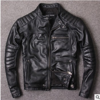 原創(chuàng)2018秋 短款立領(lǐng)修身潮皮夾克 男士真皮機車外套頭層牛皮皮衣