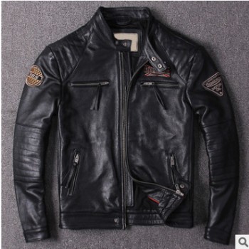 重磅復(fù)古刺繡機車皮衣 真皮硬漢皮夾克 男士騎行摩托服牛皮外套