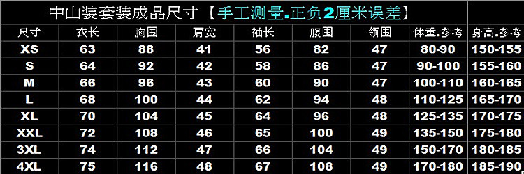 中山裝尺寸表ZS04 05 06  等