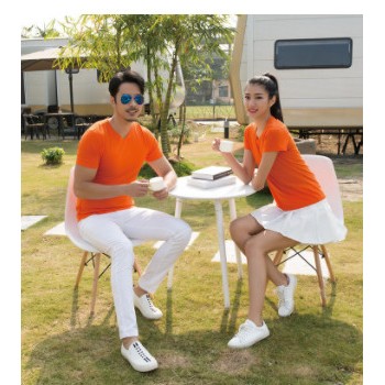 廠家直銷時尚休閑情侶款V領短袖T恤定制 夏季純色套頭T恤批發