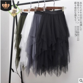 廠家批發夏季新款純色不規則網紗半身裙歐美熱賣中長裙外穿裙子女