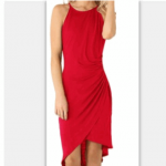 歐美吊帶抽皺下擺不規則純色連衣裙