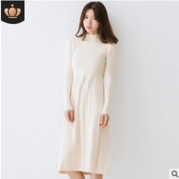 2018秋冬新款長袖寬松中長款針織連衣裙女純色半高領(lǐng)套頭毛衣裙