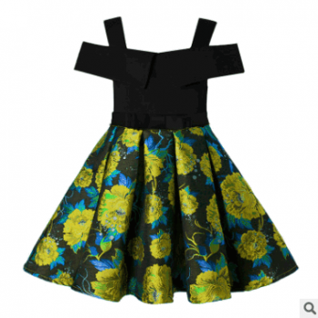 mitun童裝新款女童連衣裙印花漏肩兒童公主蓬蓬連衣裙跨境專供