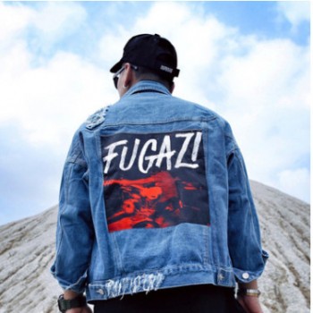 新款秋冬男街頭破洞休閑潮流印花大碼原宿風(fēng)朋克機(jī)車牛仔大衣外套