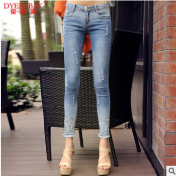染匠灣新款九分牛仔褲女韓版繡花破洞毛邊彈力修身 小腳褲鉛筆褲