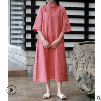 2019春夏新款苧麻改良倒大袖旗袍連衣裙中式盤扣立領中袖長裙民國