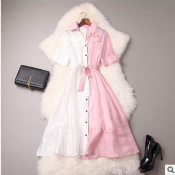 2018夏季女裝新款翻領單排扣系帶蝴蝶結條紋拼色襯衫連衣裙