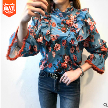 2019春夏季女裝荷葉邊寬松顯瘦泡泡袖雪紡襯衫小量網單加工定做款