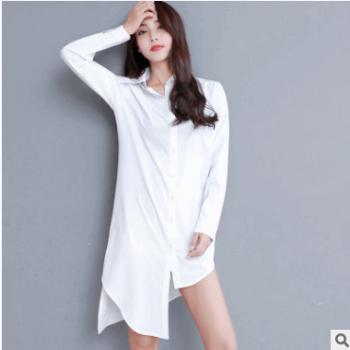 白襯衫女長袖中長款韓范bf風性感睡衣不規則系腰帶寬松顯瘦襯衫裙