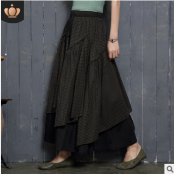 原創設計女裝春夏新款民族風半身裙高腰格子半身長裙不規則大擺裙