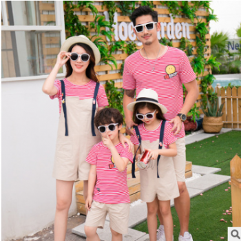 親子裝短袖夏裝2018新款笑臉條紋背帶親子服一家四口套裝一件代發