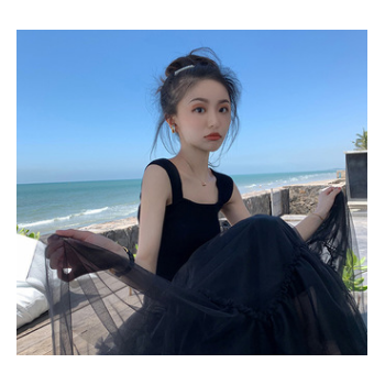 FFAN泛泛 白色仙女半身裙不規則a字網紗裙子女春夏中長款高腰長裙