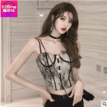 19年春夏新款女奢華水鉆扣裝飾立體胸型性感蕾絲束腰吊帶背心