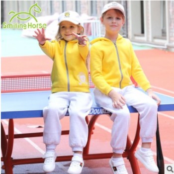 哈馬新款現貨雙層加厚抓絨純棉連帽兒童衛衣套裝幼兒園園服校服