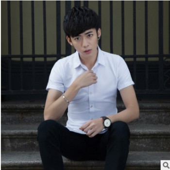 夏季修身免燙男士短袖白襯衫商務(wù)正裝職業(yè)工裝休閑純色白打底襯衣