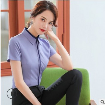 時尚氣質女職業襯衫工作服定制撞色襯衣女短袖修身辦公室工衣批發