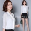 2018夏蝴蝶結彈力棉白色職業襯衫女中袖夏季時尚百搭顯瘦韓范上衣