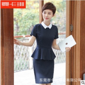 職業裝女套裝時尚條紋短袖修身上衣套裙2018夏季酒店美容師工作服