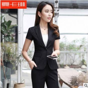 春夏新款職業套裝時尚條紋短袖小西服OL套裝酒店美容院白領工作服