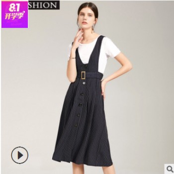 2019夏季套裝流行時尚條紋背帶褲加棉t恤休閑兩件套 新品九折包郵