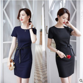 職業女連衣裙假兩件套裙短袖夏季新款修身工裝面試條紋裙廠家直銷