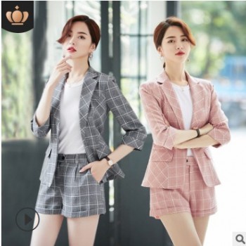2019新款韓版女裝西裝外套休閑長袖格子套裝夏季時尚百搭廠家批發