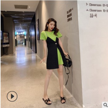 2019夏新款韓版V領外穿吊帶連衣裙女外搭顯瘦百搭短裙子套裝