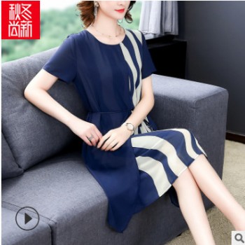 適合胖女人寬松收腰中長裙2019夏季新品拼接女裝 大碼雪紡連衣裙