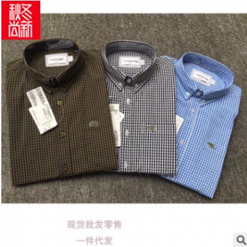 2019魚標新款外貿(mào)男裝長袖襯衫格子純棉水洗商務全棉襯衣夏薄清倉