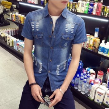 2016夏季外貿爆款男士短袖牛仔襯衣時尚破洞修身薄款襯衫上衣批發