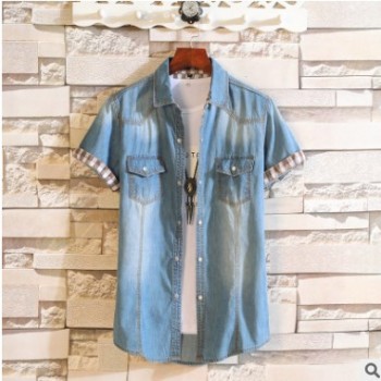 2018新款夏季牛仔短袖襯衣男修身韓版黑色復古襯衫學生一件代發