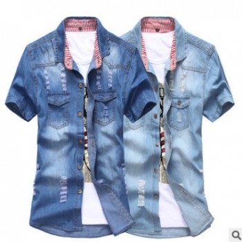 廠家直銷 牛仔襯衣男 韓版男士牛仔襯衫 復古破洞男裝短袖襯衫