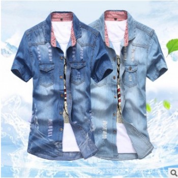 2016夏季爆款男士牛仔短袖襯衣破洞韓版修身襯衫上衣褂子一件代發