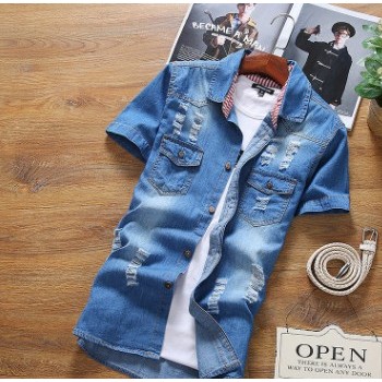 夏季新款純棉牛仔短袖襯衫男裝韓版修身衫青少年休閑襯衣一件代發