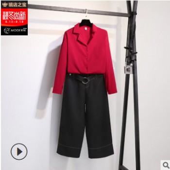 套裝女2019新款夏裝韓版氣質(zhì)襯衫配闊腿褲洋氣時尚顯瘦網(wǎng)紅兩件套
