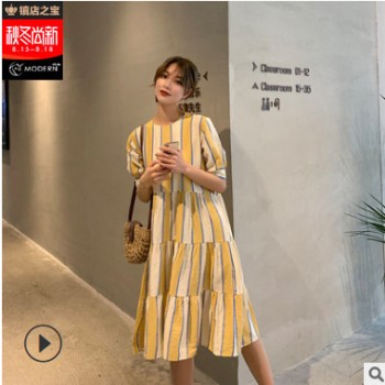 豎條紋連衣裙中長款娃娃裙寬松韓版甜美a字格子連衣裙chic韓版