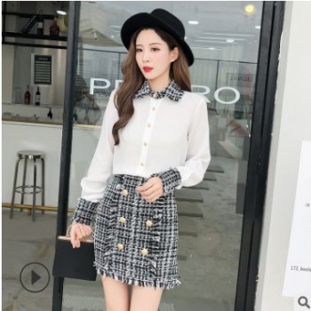 拼色港味小清新套裝女秋小香風洋氣毛呢短裙女神范兩件套俏皮氣質