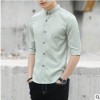 夏季青少年五分袖襯衫男士韓版修身中袖襯衣男裝衣服休閑薄款寸衫